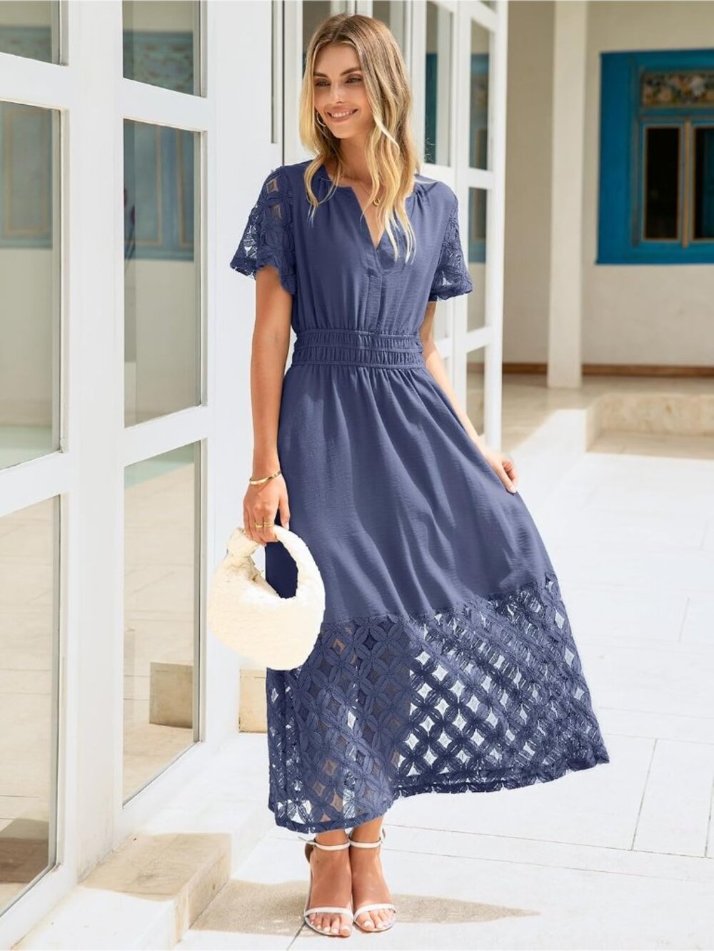 🆕 Women's Blue Purple Short Sleeve V Neck Empire Waist Boho Pockets Maxi Dress - Picture 2 of 6